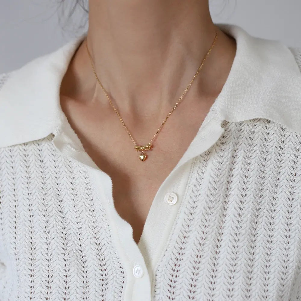 Golden Bow Heart Pendant Necklace