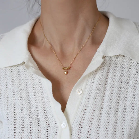 Golden Bow Heart Pendant Necklace